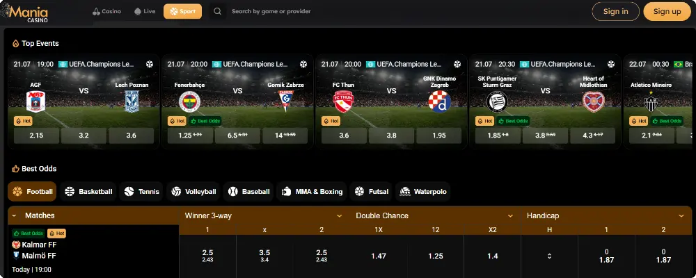 professional live dealer games alongside extensive pre-match and live betting markets on football, tennis, basketball, cricket, and popular esports events mania casino uk