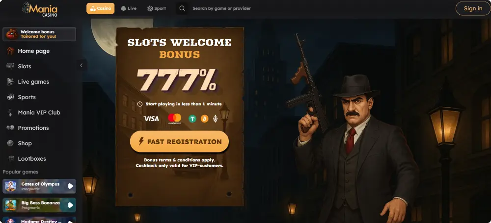 Slots Welcome Bonus at Mania Casino