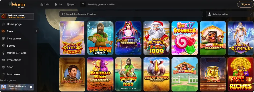 Gates of Olympus, Buffalo King Megaways, Big Bass Bonanza, Wanted Dead or a Wild, and The Dog House Megaways with casino mania uk